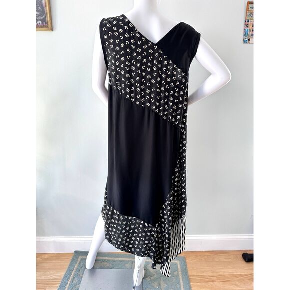 Pure DKNY Asymmetrical Black Silk Dress NWT Sleeveless Mixed Print size Large - Picture 2 of 11